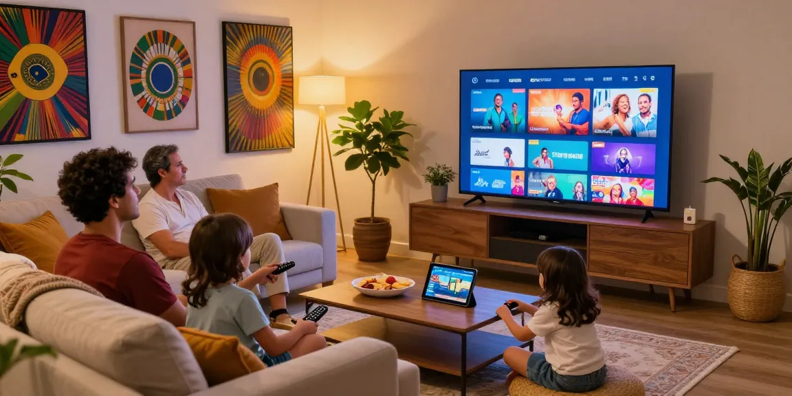 Família reunida assistindo BestBrazilIPTV na sala de estar aconchegante.